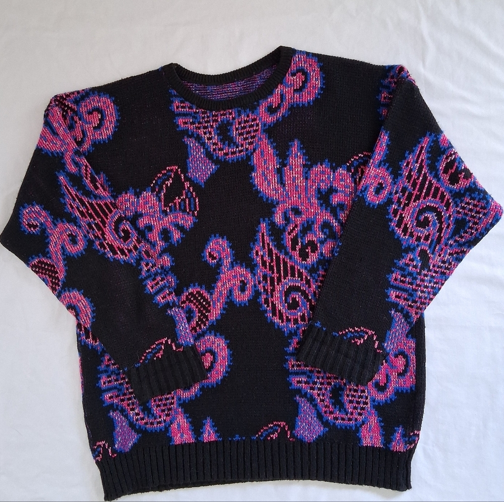 Vintage Sweater Pullover Knit Pink Blue Metallic Silver Black Floral